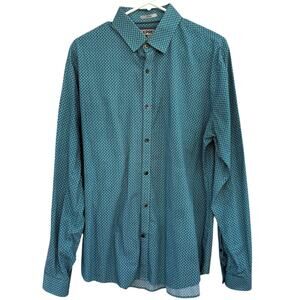 Express Button Down Shirt Mens Sz Large Fitted Dress Shirt Blue White Geometric